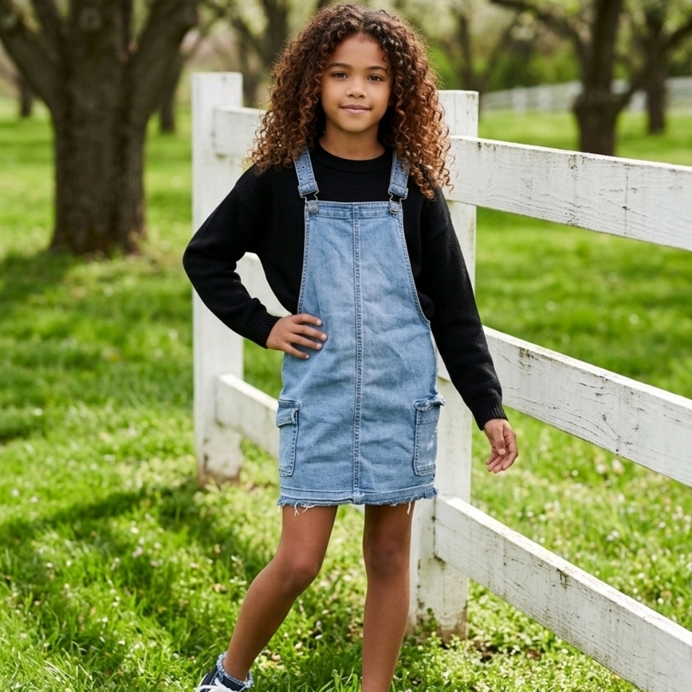 Justice Girls Denim Overall Dress Size 10 Cargo Pockets Raw Hem Jumper Y2K Cool